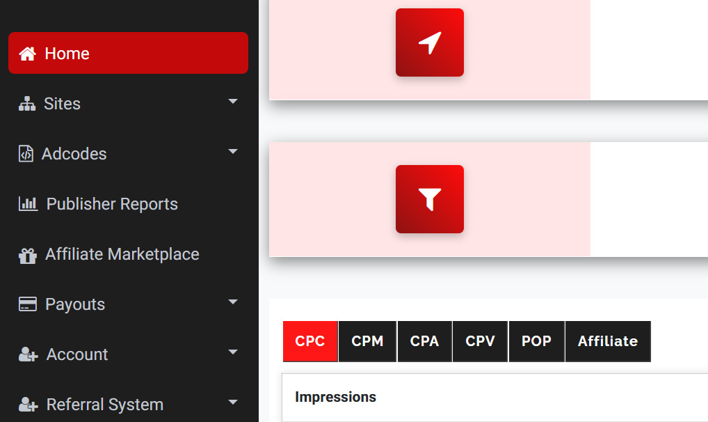 Snipesearch Adclicks home dashboard with impressions and CPC reporting
