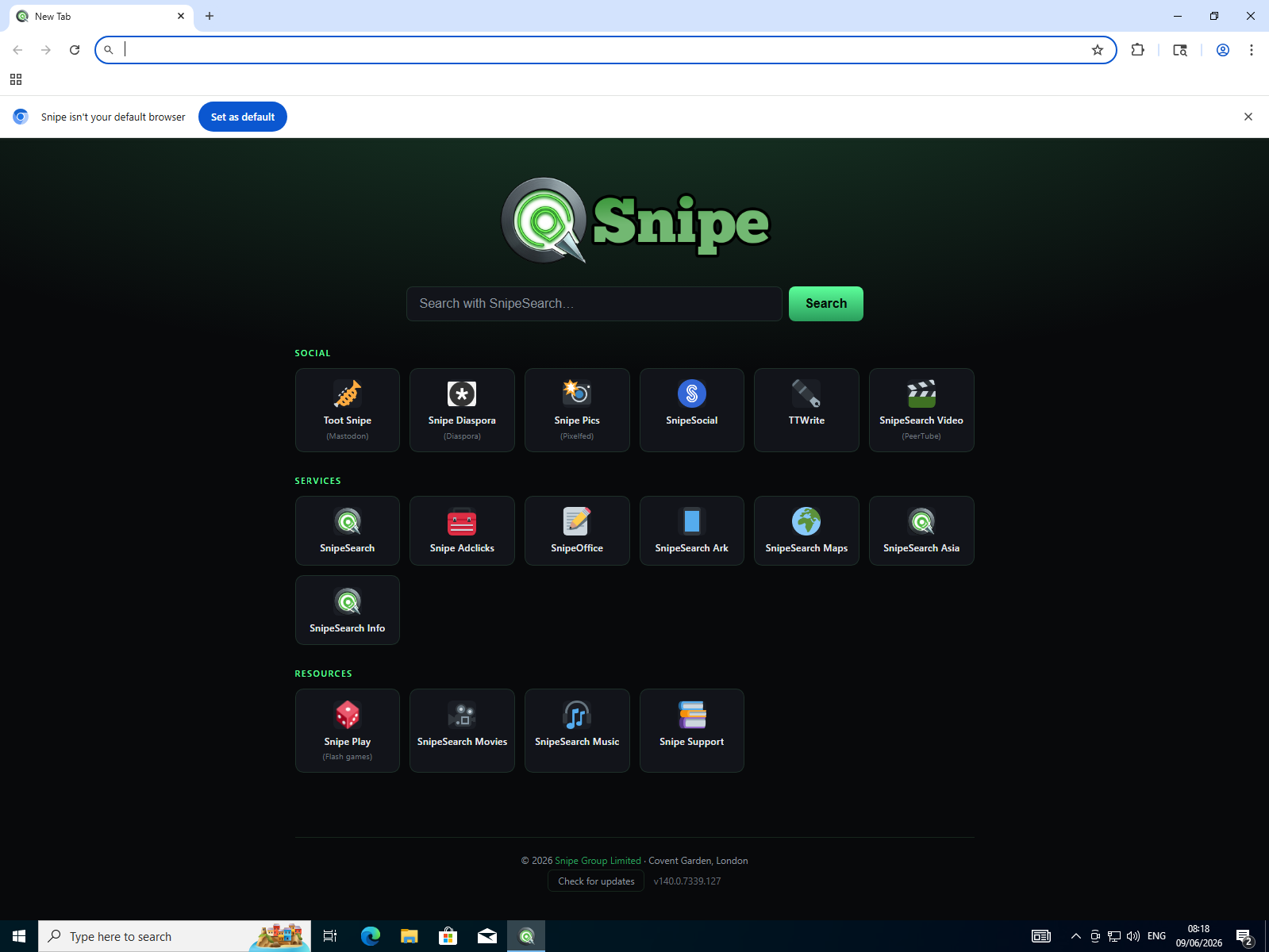 Snipe Browser running on Windows 10