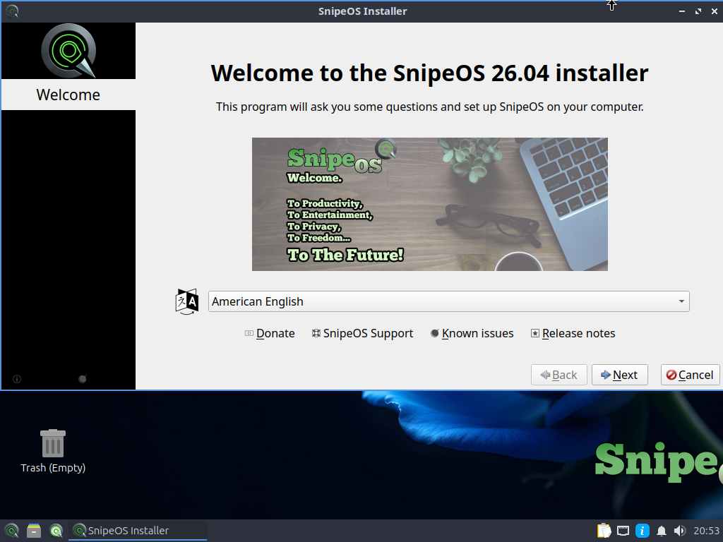 SnipeOS live installer welcome screen