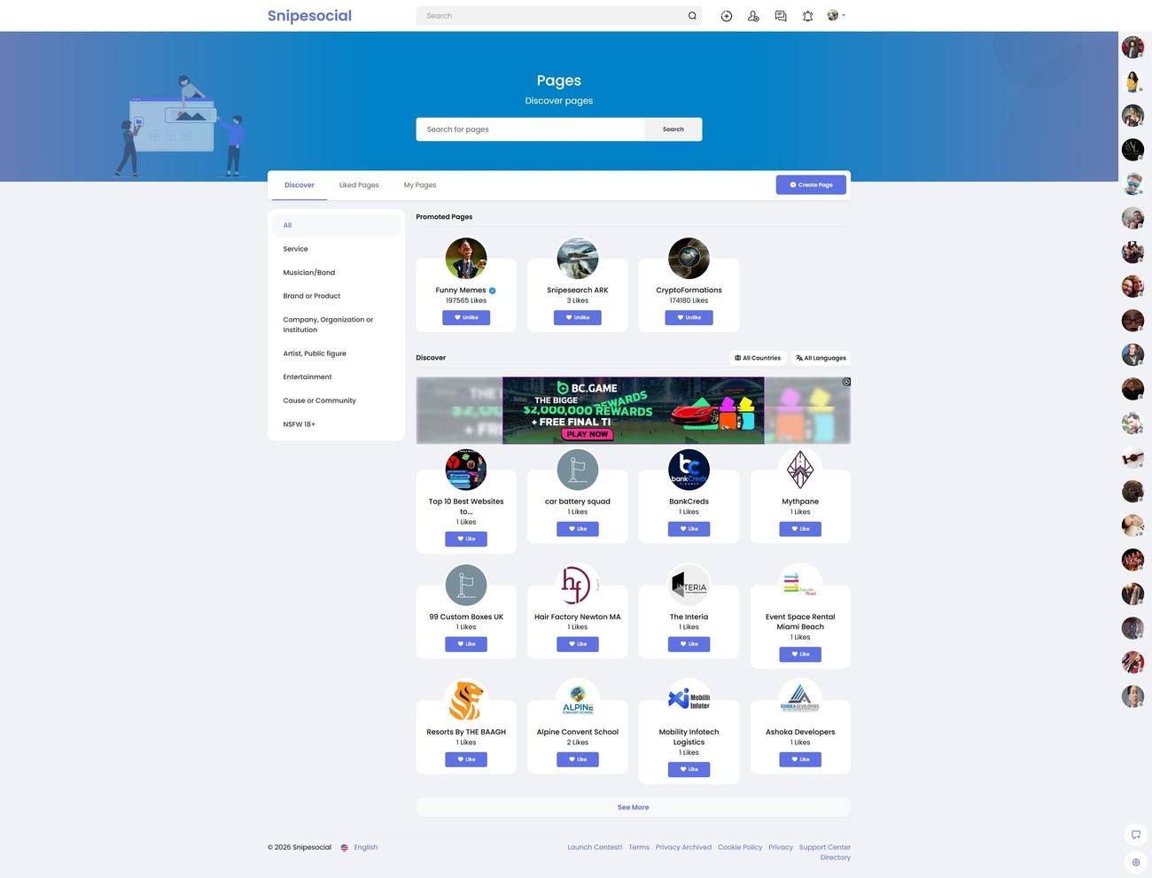 Snipesocial Pages discover grid